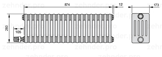Схема (чертеж) Радиатор Zehnder Charleston 5026/19 №V003 Белый глянцевый RAL 9016